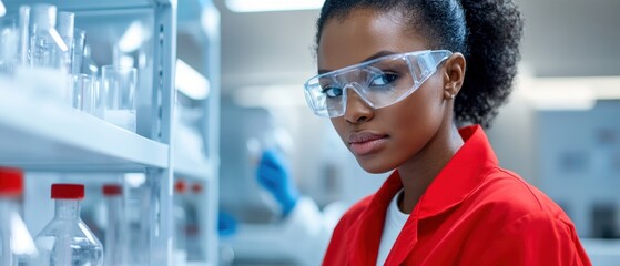 A scientist in a laboratory, wearing safety glasses and a red lab coat, focused on her work with laboratory equipment.