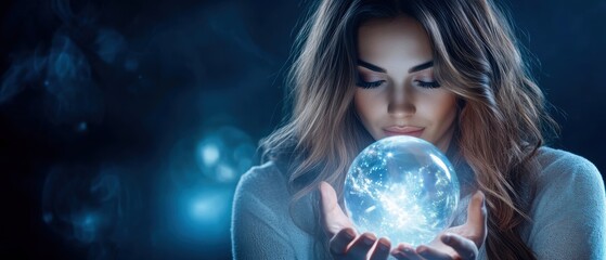 A mystical woman holds a glowing crystal ball, revealing a universe of possibilities in an enchanting blue ambiance.