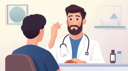 Fototapeta premium Doctor conducting food allergy test, patient in clinic, flat design illustration
