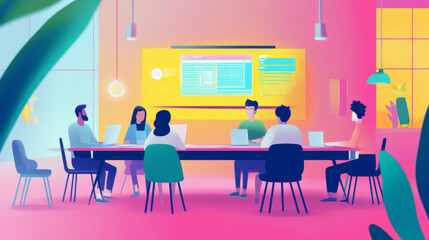 Fototapeta premium Business team planning a new product launch, colorful workspace, creative discussions and digital screens, forward-thinking and energized,