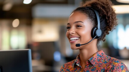 A happy woman in a headset smiles while working at a computer, illustrating customer service and communication skills.