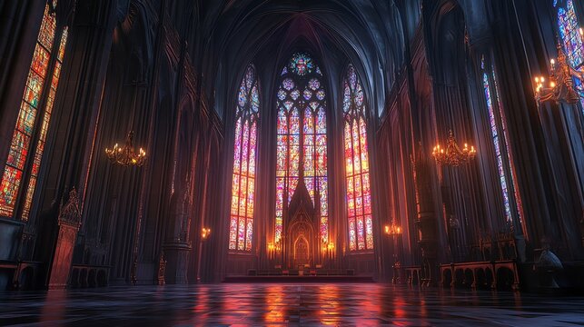 A large, ornate, gothic cathedral interior with stained glass windows and lit by candlelight.