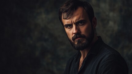 A strong, serious man with a beard poses confidently against a textured dark background in a dramatic portrait setting