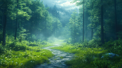 Obraz premium Misty Morning Forest Pathway with Lush Greenery and Soft Sunlight - Serene Woodland Scene for Tranquility and Nature Enthusiasts