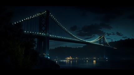 Fototapeta premium Illuminated Suspension Bridge Spanning a Dark River at Night