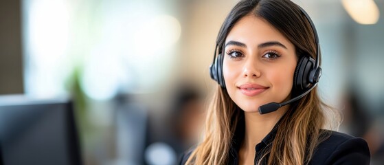 A confident female call center agent wearing a headset, ready to assist customers in a modern office environment.
