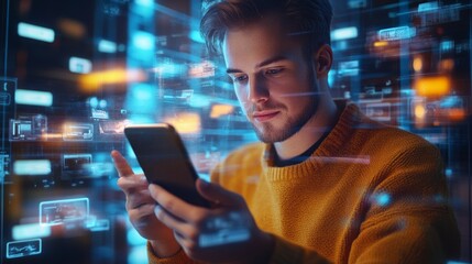 Portrait of Caucasian Man Using Smartphone in Metaverse With Animated Stream Of Interfaces With Social Media, e-Commerce Shopping, Internet Influencers And Games. Visualization Of Web Network. 