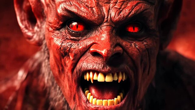 A close-up shot of a demonic figure with red eyes