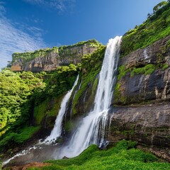 Obraz premium Waterfall cascading from a flat mountain top, lush greenery, dramatic drop, with a clear, tranquil sky backdrop.