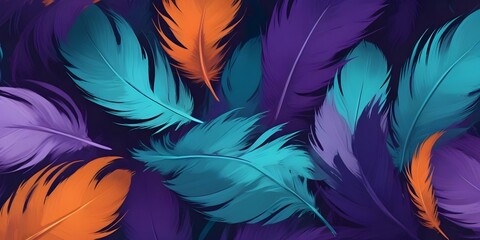 Obraz premium Vibrant abstract feathers in shades of teal, purple, and orange, bold and slim lines, brush strokes.