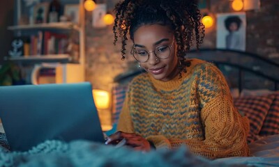 Cozy Night In: A young woman in a warm sweater and glasses relaxes in bed, bathed in the soft glow of warm light bulbs, engrossed in her laptop. She's  enjoying a quiet evening with a comforting atmos