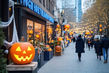 Obraz premium Halloween Street Festivities: A festive atmosphere fills the air as people stroll down a bustling city street adorned with jack-o'-lantern decorations, creating a vibrant and spooky scene.