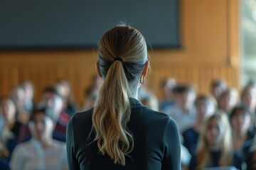 A dynamic young woman is speaking passionately to an audience during a training seminar, sharing valuable insights on business leadership and personal growth