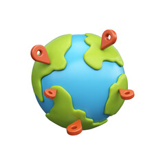 3d planet earth with red location pins on map, GPS navigation.