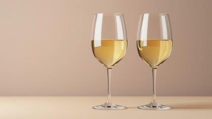 Fototapeta premium Two elegant wine glasses filled with white wine, set against a simple, neutral background. 