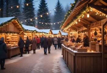Fototapeta premium A bustling Christmas market with wooden stalls, twinkling lights, and a festive atmosphere. The market is set against a backdrop of trees and a blurred winter landscape.