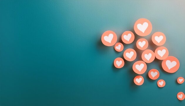 Floating heart symbols on a teal background, representing social media reactions and online engagement. Ideal for digital marketing concepts.