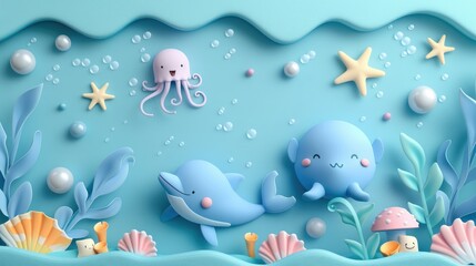 sea life with friendly dolphins, smiling fish, excited octopus, friendly jellyfish, starfish, seashells, pearls