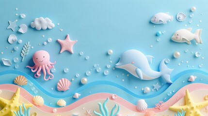 Fototapeta premium sea life with friendly dolphins, smiling fish, excited octopus, friendly jellyfish, starfish, seashells, pearls