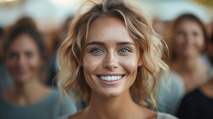 Obraz premium Pretty woman entrepreneur smiling, confident, happy, standing above from the crowd. Generative AI.