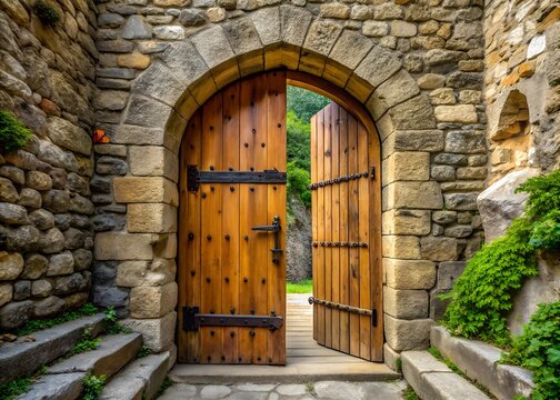 A large wooden door swings open within the rock castle wall. AI Generative
