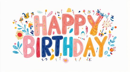 A vibrant and colorful hand-drawn illustration with the words "Happy Birthday" surrounded by whimsical flowers, patterns, and small decorative elements on a white background.
