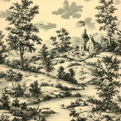Serene Landscape with Church and Trees in Vintage Style