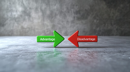A 3D model of a business comparison setup featuring a green upward arrow labeled "Advantage" and a red downward arrow labeled "Disadvantage" Both arrows are aligned on a sleek, neutral surface 