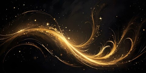 Swirling golden waves with glittering sparkles and stars against a dark background, bold and slim lines, brush strokes.
