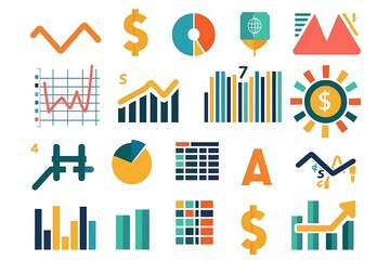 A collection of financial icons including currency symbols and graphs set against a clean white background