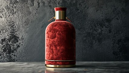 Elegant red bottle displayed on a textured dark background highlighting craftsmanship and design details