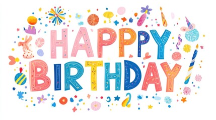 Colorful "Happy Birthday" text surrounded by festive illustrations such as balloons, confetti, and party hats, conveying a joyful celebration atmosphere..