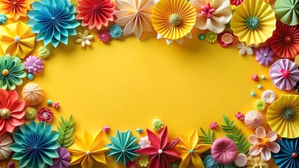 Obraz premium Bottom border beautified with colorful origami paper blossoms on yellow background. AI Generative