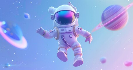 astronaut floating in space with a blue gradient background featuring white and purple tones. Planet Saturn can be seen on the right side