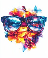 A vibrant design featuring sunglasses surrounded by colorful flowers.