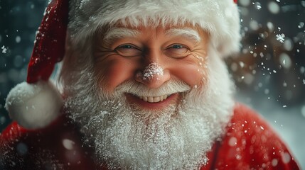 Santa Claus smiling and looking at the camera, magical atmosphere background with snowflakes falling