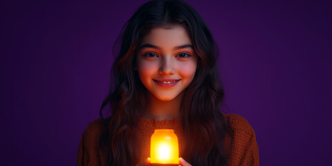 Middle Eastern teenage girl with glowing lantern on purple background Halloween
