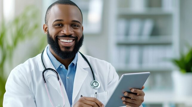 A smiling doctor holding a tablet computer in his hand, AI