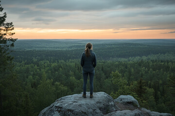 Obraz premium Female Hiker Relishing Serene View from Rocky Mountain Summit 