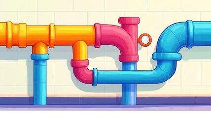Water pipes in industrial trade flat design, side view, steampunk theme, cartoon drawing, Triadic Color Scheme