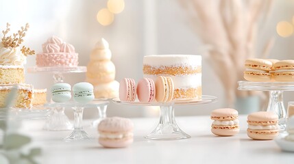 A lavish dessert table featuring a selection of intricately designed cakes, macarons, and pastries displayed on luxurious glass stands, with soft golden light highlighting each piece. The blurred