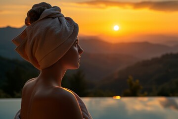 A woman wrapped in a towel observes the breathtaking sunset from a mountain terrace, capturing the serene moment post-shower as the sky glows with warm hues