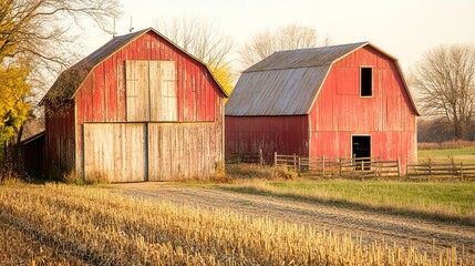 Obraz premium Rustic red barns in a rural landscape at sunset.