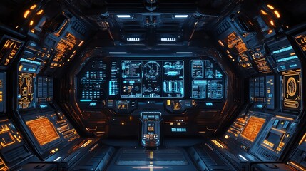 Fototapeta premium Futuristic spaceship bridge with glowing screens and consoles.