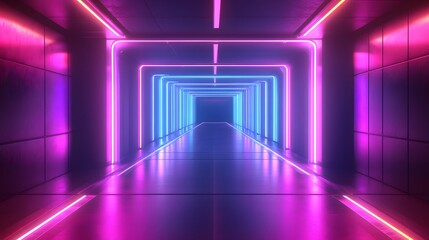 Futuristic Corridor with Neon Lights and Reflective Floor