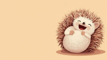 Chubby hedgehog laughing, curled up in a ball, flat design illustration