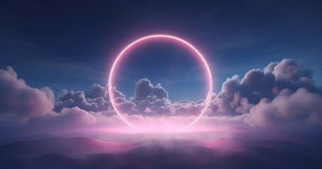 beautiful neon light ring on dark background with fog and cloud in the form of circle frame. Abstract modern design for poster, cover, banner, signboard or wall art