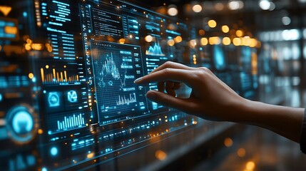 Fototapeta premium A hand navigating through floating holographic screens displaying financial data, strategic business charts, and futuristic metrics, glowing neon blue and green lights highlighting the interface,