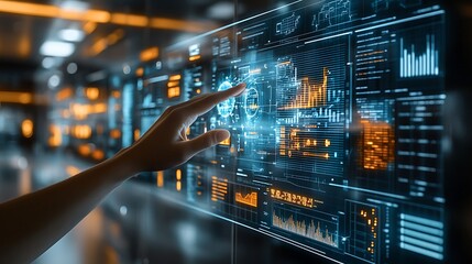 A hand reaches out to interact with a floating holographic screen displaying strategic business data, financial projections, and futuristic models,