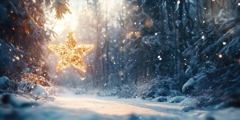 Luminous shining christmas star among a snowy winter landscape creative magic New Year and Christmas card